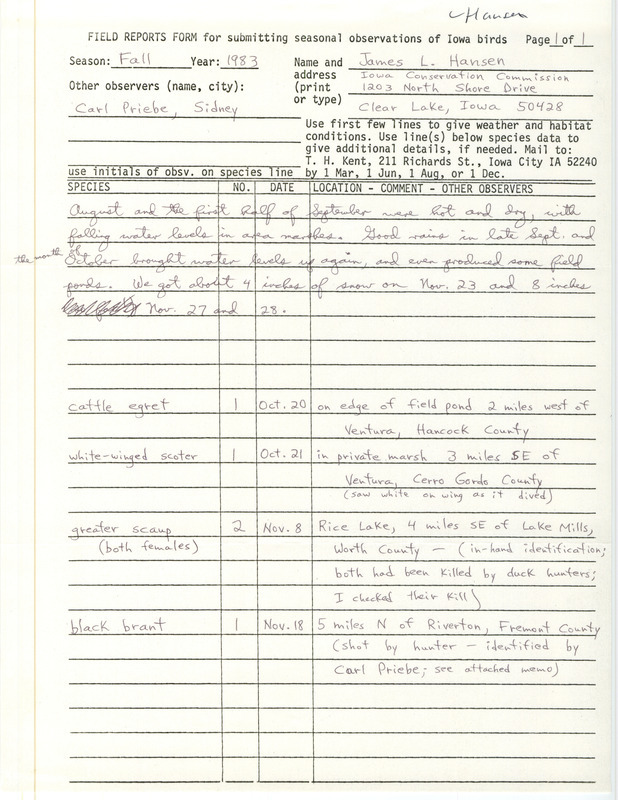 An annotated list of birds sighted by James Hansen. This item was used as supporting documentation for the Iowa Ornithologists Union Quarterly field report of fall 1983.