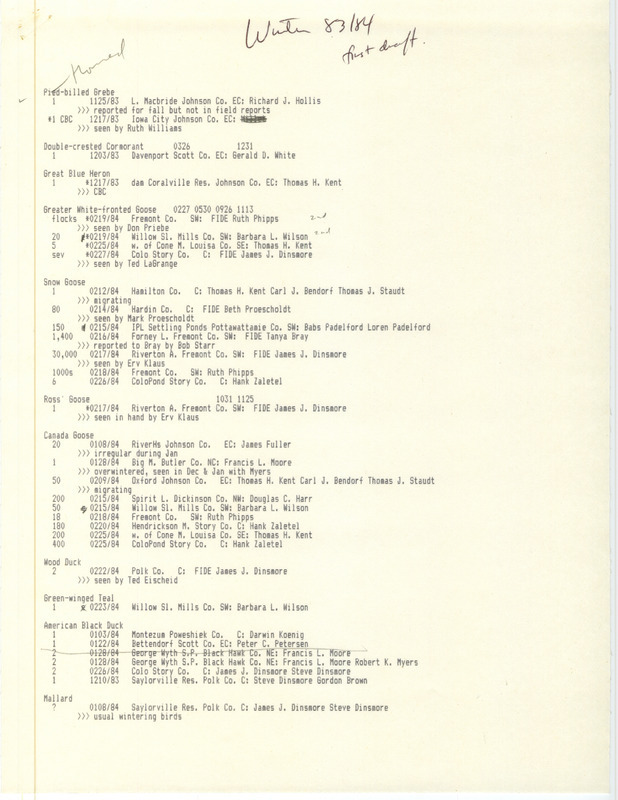 Field reports data, winter 1983-1984, first draft, is a computer-generated list of bird names, quantities, dates, locations, and people who sighted the birds in Iowa during that time period. The list has some manual annotations. This item was used as supporting documentation for the Iowa Ornithologists' Union Quarterly field report of winter 1983-1984.