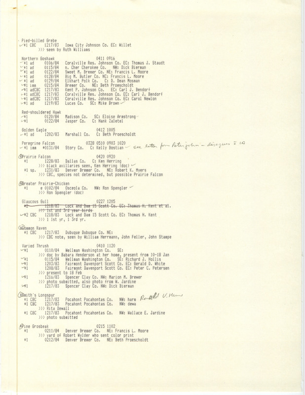 Field reports data, winter 1983-1984, DOC and RC records, early draft, was a computer-generated list of bird names, quantities, dates, locations, and people who sighted the birds in Iowa during that time period. Most items had asterisks indicating that they had additional documentation. This item was used as supporting documentation for the Iowa Ornithologists' Union Quarterly field report of winter 1983-1984.