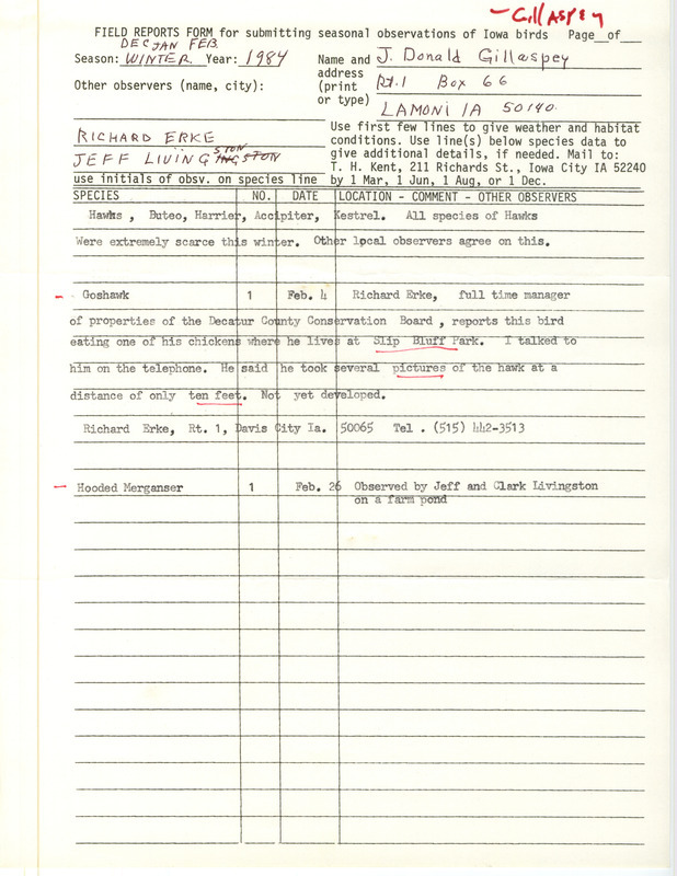 Field notes were contributed by J. Donald Gillaspey, Lamoni, Iowa, winter 1983-1984. He reported all species of hawks were extremely scarce that winter. Richard Erke sighted a Goshawk at Slip Bluff Park, and Jeff and Clark Livingston sighted a Hooded Merganser on a farm pond. This item was used as supporting documentation for the Iowa Ornithologists' Union Quarterly field report of winter 1983-1984.