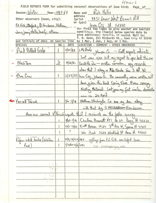 Field notes were contributed by Richard Jule Hollis, winter 1983-1984. Field notes for Johnson County covered a late Pied-billed Grebe, correction in number of Black Terns, and an American Crow carrying nesting material February 28. A Varied Thrush was documented in Wellman along with Barbara Henderson, and also seen in Perry, Spencer, and Ames. Included was a G. Edgar Folk letter to Hollis regarding sightings of a Western Rufous-sided Towhee (Spotted Towhee) near Oxford, Iowa, January 27, 1984. These items were used as supporting documentation for the Iowa Ornithologists' Union Quarterly field report of winter 1983-1984.