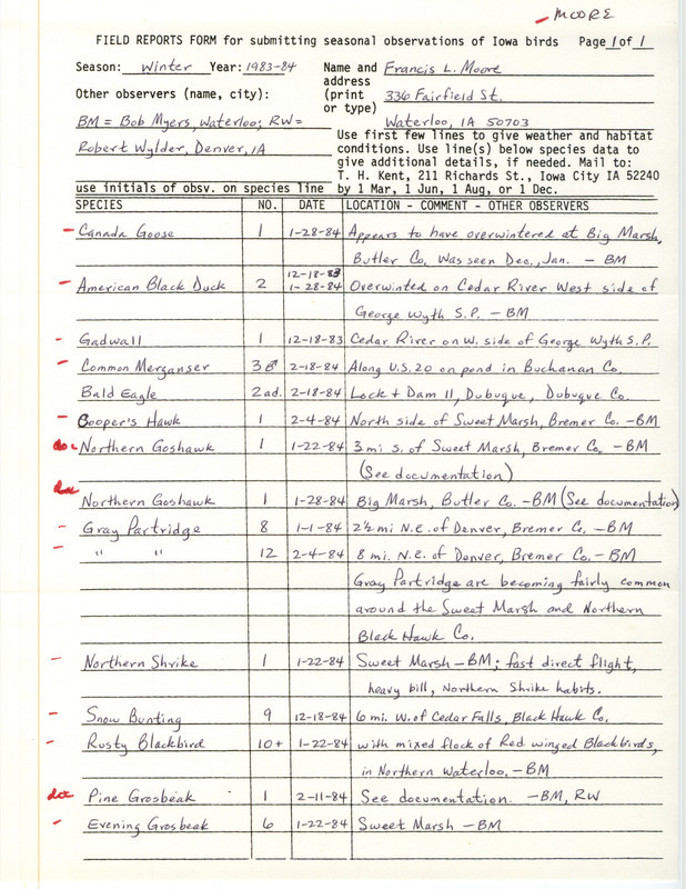 Field notes were contributed by Francis L. Moore, winter 1983-1984. Other observers were Robert K. Myers and Robert Wylder. Species that were documented were Northern Goshawks at Sweet March in Bremer County and at Big March in Butler County, as well as a Pine Grosbeak with no location on the form. This item was used as supporting documentation for the Iowa Ornithologists' Union Quarterly field report of winter 1983-1984.