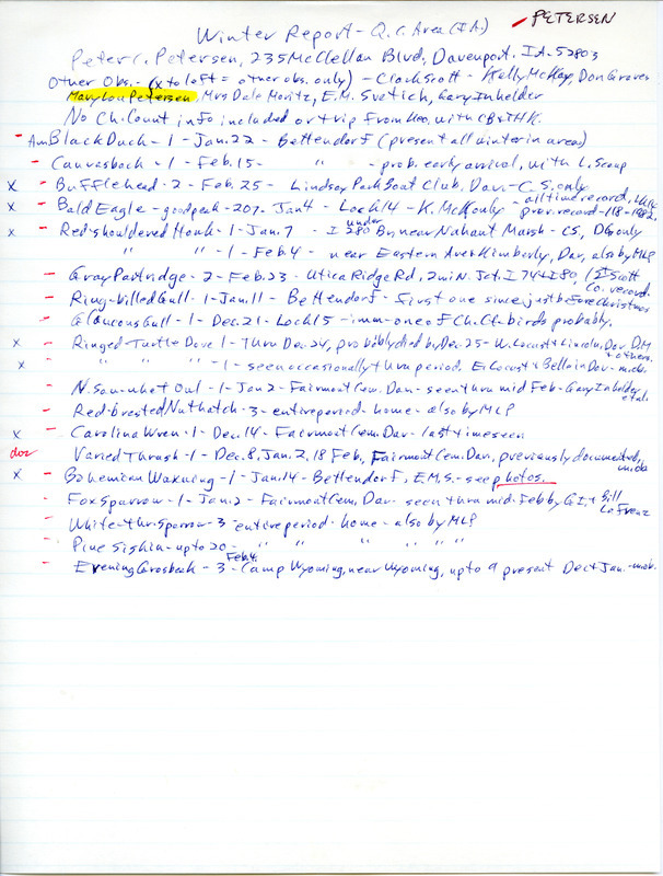 Winter report, Quad Cities area, Iowa, from Peter C. Petersen, 1983-1984 covered sightings of 18 species by 8 observers. A Varied Thrush was documented at Fairmount Cemetery in Davenport. This item was used as supporting documentation for the Iowa Ornithologists' Union Quarterly field report of winter 1983-1984.