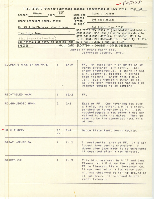 Field notes were contributed by Diane C. Porter, Fairfield, Iowa, winter 1983-1984, with an observation from William and Jane Fleeson on a Barred Owl in Jefferson County. The only sighting from outside that county was an estimated 20 Common Turkeys in Geode State Park. Included were clippings from the Fairfield Ledger about sightings of early American Robins and a Tundra Swan, and an envelope with a Mockingbird stamp. These items were used as supporting documentation for the Iowa Ornithologists' Union Quarterly field report of winter 1983-1984.