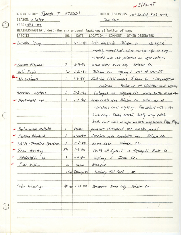 Field notes were contributed by Thomas J. Staudt, winter 1983-1984. Other observers were Carl J. Bendorf, Richard Jule Hollis, and Thomas H. Kent. The sighting of a Northern Goshawk at Macbride Field in Johnson County was documented, and twelve other species were observed. This item was used as supporting documentation for the Iowa Ornithologists' Union Quarterly field report of winter 1983-1984.