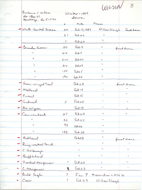 Field notes were contributed by Barbara L. Wilson, winter 1983-1984. Included was a cover letter about the weather, bird kills, and odd behavior of two Screech Owls seeking warmth in farm buildings near Hastings, Iowa. Other observers were Howard Wilson and Joe Wearin. These items were used as supporting documentation for the Iowa Ornithologists' Union Quarterly field report of winter 1983-1984.