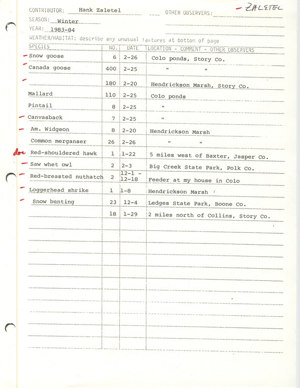 Field notes were contributed by Hank Zaletel, winter 1983-1984. Twelve species were reported, among them a Red-shouldered Hawk that was documented west of Baxter in Jasper County. This item was used as supporting documentation for the Iowa Ornithologists' Union Quarterly field report of winter 1983-1984.