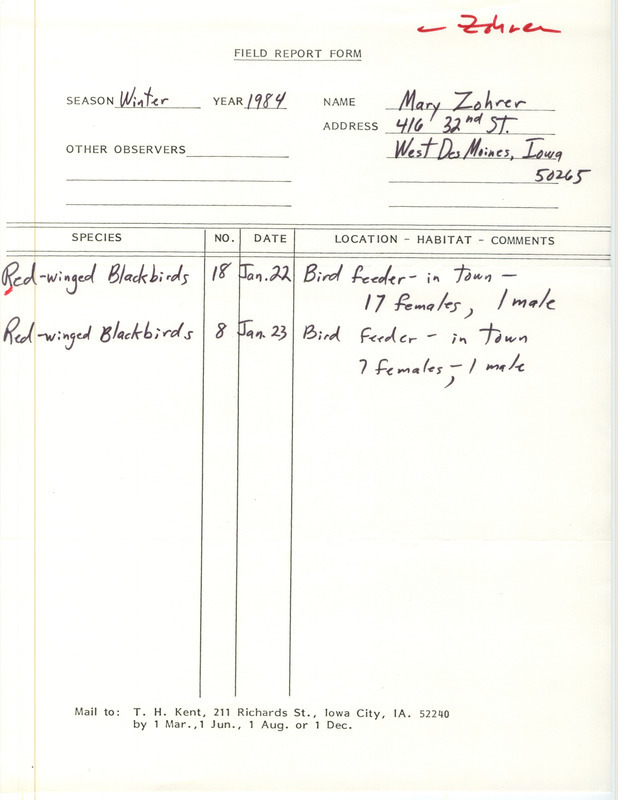 Field notes were contributed by Mary Zohrer, West Des Moines, Iowa, winter 1983-1984. She reported a total of 26 Red-winged Blackbirds at a feeder in town on two separate days. This item was used as supporting documentation for the Iowa Ornithologists' Union Quarterly field report of winter 1983-1984.