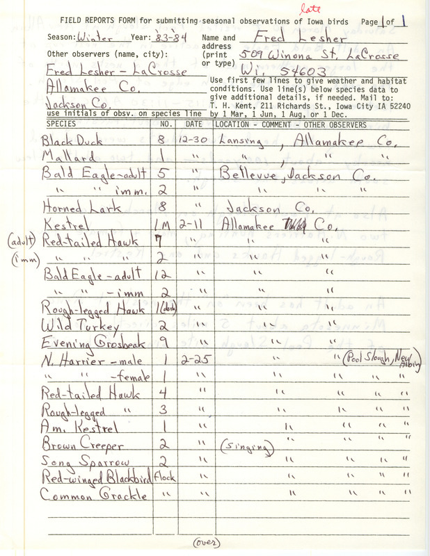 Field notes were contributed by Fred Lesher, winter 1983-1984. Most observations were in Allamakee County. He particularly described his March sightings of a Bald Eagle on a nest, two Northern Harriers, four Rough-legged Hawks and one Kestrel at Pool Slough in New Albin. This item was used as supporting documentation for the Iowa Ornithologists' Union Quarterly field report of winter 1983-1984.