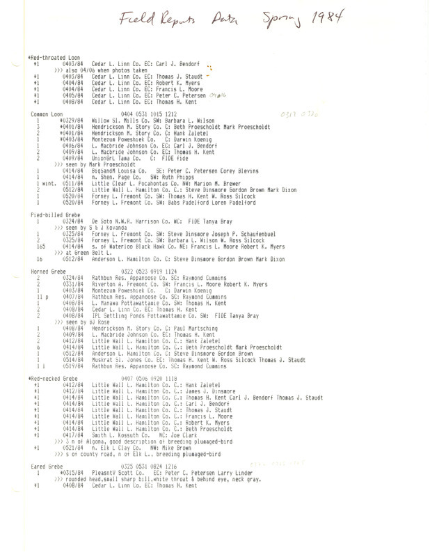 Field reports data, spring 1984, is a computer-generated list of bird species names, quantities, dates, locations and observers of the birds in Iowa during that time period. It has some manual annotations. This item was used as supporting documentation for the Iowa Ornithologists' Union Quarterly field report of spring 1984.