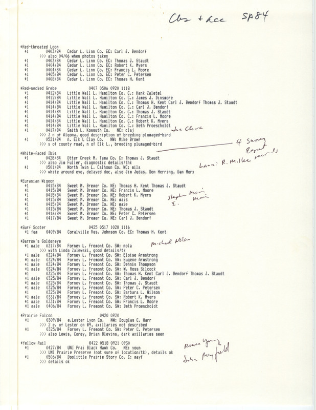 Field reports data, casual and accidental birds, spring 1984, was a computer generated list of 19 species, quantities, dates seen, locations and observers. It has some manual annotations. This item was used as supporting documentation for the Iowa Ornithologists' Union Quarterly field report of spring 1984.