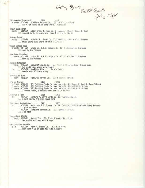 Nesting reports, field reports, spring 1984, is a computer-generated list of 12 species of birds along with their quantities, number of nests, dates sighted, locations, and observers. This item was used as supporting documentation for the Iowa Ornithologists' Union Quarterly field report of spring 1984.