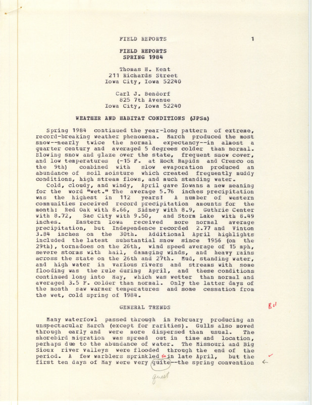 Iowa Ornithologists' Union, Quarterly field report, spring 1984 was compiled by Thomas H. Kent and Carl J. Bendorf, and published in Iowa bird life, 54, 1984. The best new bird seen in the state was Barrow's Goldeneye, first sighted at Forneys Lake. Other notable accidental bird species seen were a Red-throated Loon at Cedar Lake, a Eurasian Wigeon at Sweet March, and a Rock Wren in Woodbury County. The last two pages explain the process for preparing the report and plans for others to take over in the future.