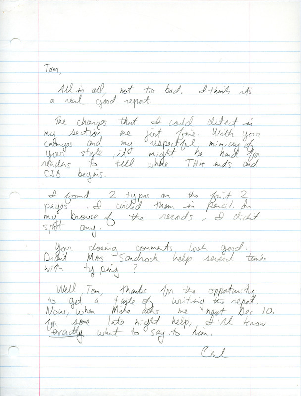 Carl J. Bendorf letter to Thomas J. Kent was regarding their writing of the Iowa Ornithologists' Union Quarterly field report, spring 1984. This item was used as supporting documentation for the Iowa Ornithologists' Union Quarterly field report of spring 1984.