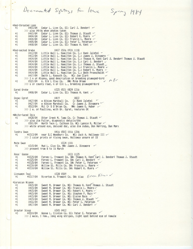 Documented sightings for Iowa, spring 1984, is a computer-generated list of 40 bird species sighted, quantities, dates, locations, and observers who documented them. This item was used as supporting documentation for the Iowa Ornithologists' Union Quarterly field report of spring 1984.