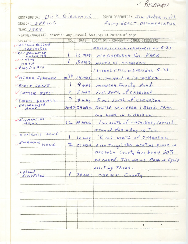 Field notes contributed by Dick Bierman, Cherokee, Iowa, spring 1984. He noted a Snowy Egret was documented with James E. Huber. The species seen the most times was Swainson's Hawk, near Cherokee and in Osceola County. This item was used as supporting documentation for the Iowa Ornithologists' Union Quarterly field report of spring 1984.