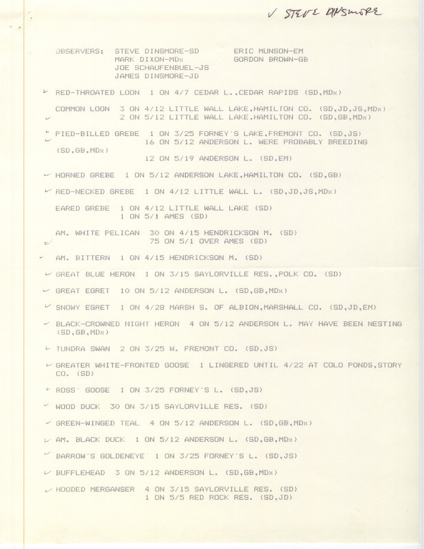 Field notes were contributed by Stephen J. Dinsmore, spring 1984. Other observers were Mark Dixon, Joseph P. Schaufenbuel, James J. Dinsmore, Erik Munson, and Gordon Brown. Several notable sightings include: a Whimbrel at Hendrickson March, Barn Owls in Fremont County and at Red Rock Reservoir, and a Smith's Longspur west of Colo. This item was used as supporting documentation for the Iowa Ornithologists' Union Quarterly field report of spring 1984.