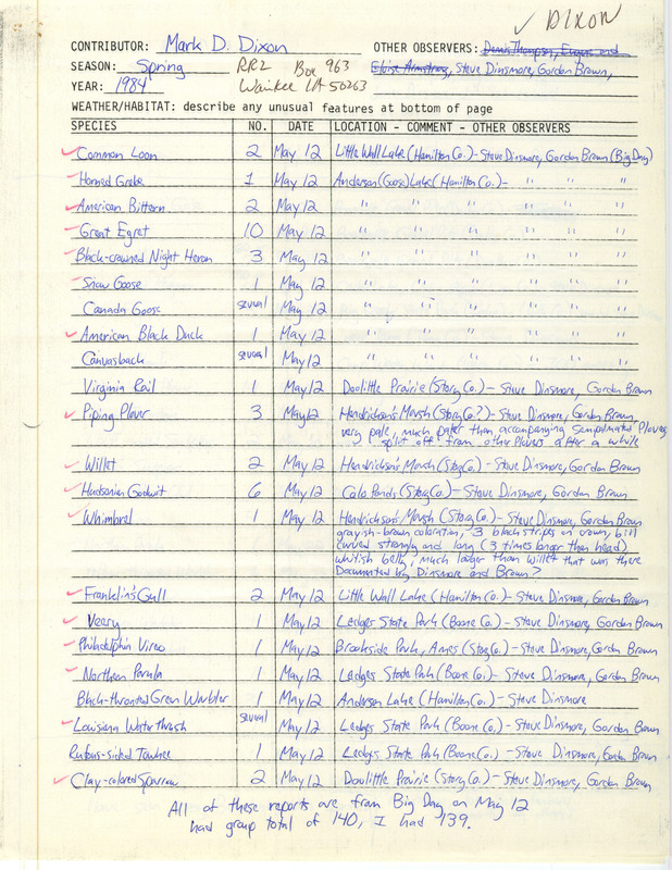 Field notes were contributed by Mark Dixon, spring 1984. One page consisted of reports from Big Day on May 12 with Stephen J. Dinsmore and Gordon Brown. The second page included sightings from them and five other observers. The third page was the address of Thomas H. Kent. A Red-throated Loon at Cedar Lake and a Red-necked Grebe at Little Wall Lake were documented by unnamed others. This item was used as supporting documentation for the Iowa Ornithologists' Union Quarterly field report of spring 1984.