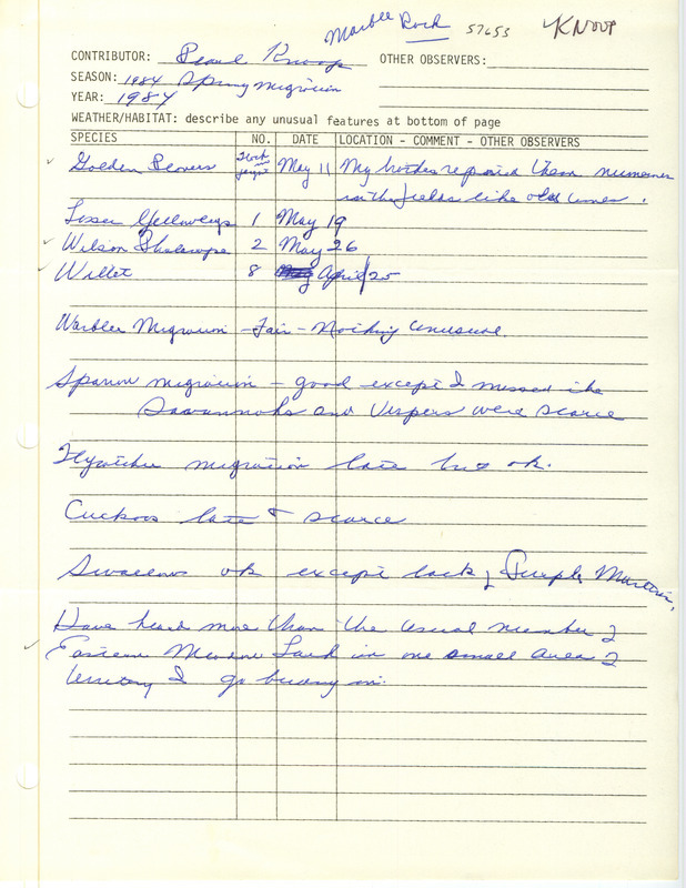 Field notes were contributed by Pearl Knoop, Marble Rock, Iowa, spring 1984. She sighted five species: Golden Plover, Lesser Yellowlegs, Wilson's Phalarope, Willet, and Eastern Meadowlark, and reported on the spring migration of other bird groups. This item was used as supporting documentation for the Iowa Ornithologists' Union Quarterly field report of spring 1984.