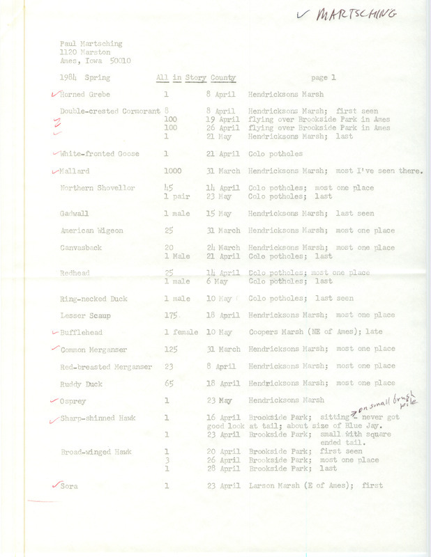 Field notes were contributed by Paul Martsching for Story County, spring 1984. Among dozens of species listed, three were documented: a Whimbrel at Hendrickson's March, and a Bell's Vireo and Pine Warbler at Brookside Park. This item was used as supporting documentation for the Iowa Ornithologists' Union Quarterly field report of spring 1984.