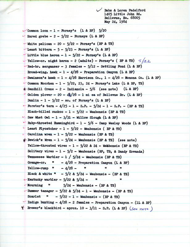 Field notes were contributed by Babs and Loren Padelford on Iowa birds sighted, May 24, 1984. Notable sightings include: Sandhill Crane in Indianola, Bewick's Wren at Waubonsie and Brewer's Blackbird at S.P. Other observers were Tanya Bray and Sandra Kovanda. A cover letter from Babs Padelford to Thomas H. Kent discussed a Rock Wren at Stone Park, the Bewick's Wren at Waubonsie, and a Moorhen at Forneys Lake. This item was used as supporting documentation for the Iowa Ornithologists' Union Quarterly field report of spring 1984.