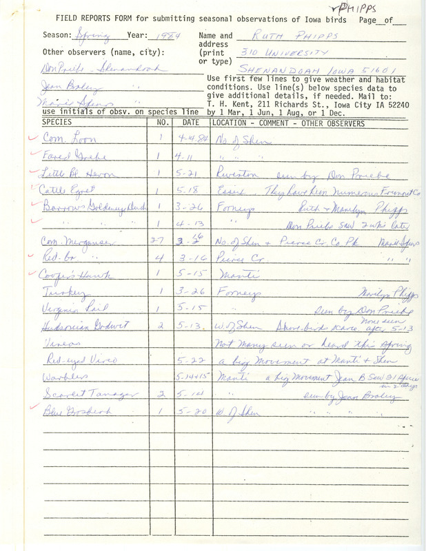 Field notes were contributed by Ruth Phipps, Shenandoah, Iowa, spring 1984. Other observers of some of the 16 species reported were Don Priebe, Jean B. Braley, Marie Spears and Marilyn Phipps. A Barrow's Goldeneye was seen at Forneys twice, and a Blue Grosbeak was seen west of Shenandoah. This item was used as supporting documentation for the Iowa Ornithologists' Union Quarterly field report of spring 1984.