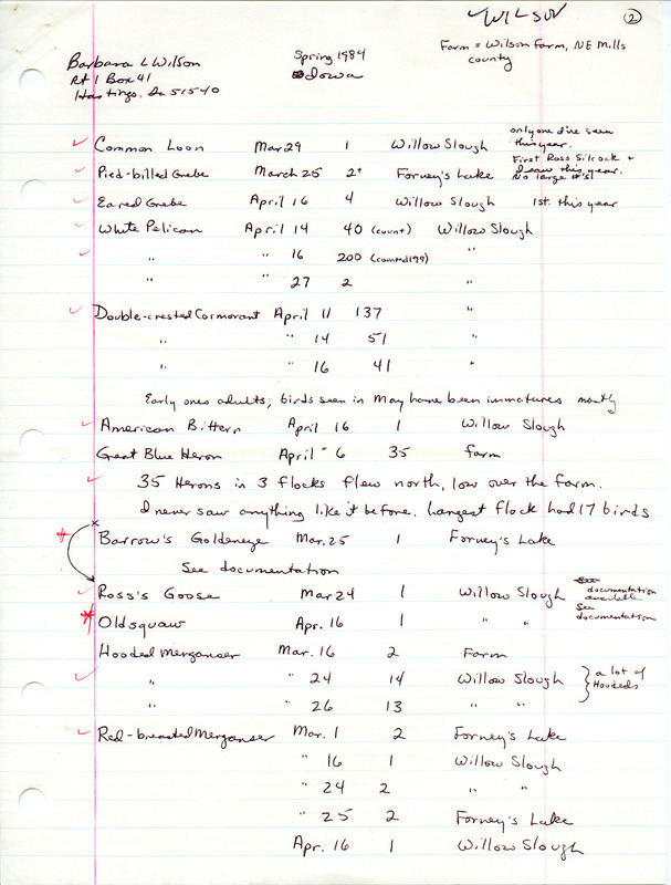 Field notes were contributed by Barbara L. Wilson, spring 1984. Other observers were Tanya Bray, W. Ross Silcock and Carl Priebe. Of dozens of species reported, four were documented. Included were three letters to Thomas H. Kent regarding weather, migration, and fish kills, one letter dated May 26, 1984, and two dated May 31, 1984. This item was used as supporting documentation for the Iowa Ornithologists' Union Quarterly field report of spring 1984.