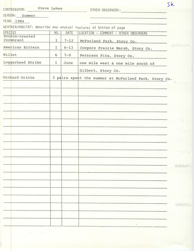 Field notes were contributed by Steve Lekwa, summer 1984. He sighted five species of birds in four Story County locations. This item was used as supporting documentation for the Iowa Ornithologists' Union Quarterly field report of summer 1984.