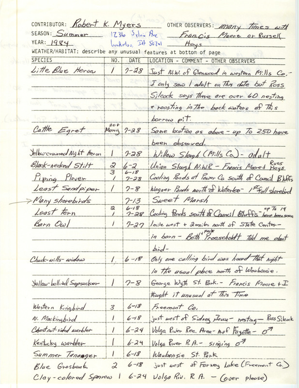 Field notes were contributed by Robert K. Myers, summer 1984, with two other observers. Of eighteen species observed, many Cattle Egrets were seen near Glenwood, and many shorebirds at Sweet March. A singing Clay-colored Sparrow was observed in detail at Volga River R.A., and Kentucky Warbler was also found singing there. A Chuck-will's-widow was heard calling near Waubonsie. A Northern Mockingbird was nesting near Sidney. This item was used as supporting documentation for the Iowa Ornithologists' Union Quarterly field report of summer 1984.