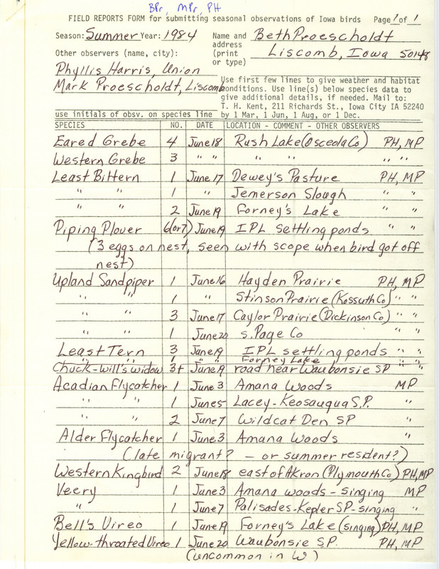 Field notes were contributed by Beth Proescholdt, Liscomb, Iowa, summer 1984. Other observers were Mark Proescholdt and Phyllis Harris. Twenty species were sighted, including a Piping Plover with nest, a late migrant or resident Alder Flycatcher, a Veery and Bell's Vireo singing, a Yellow-throated Vireo, and Blue Grosbeaks. This item was used as supporting documentation for the Iowa Ornithologists' Union Quarterly field report of summer 1984.