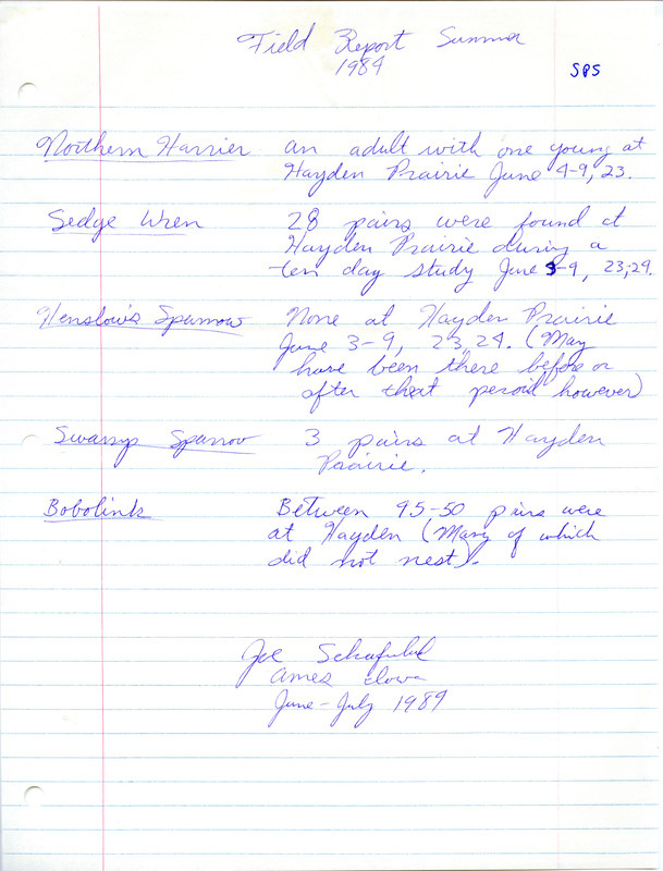 Field notes were contributed by Joseph P. Schaufenbuel, summer 1984. He sighted four species at Hayden Prairie, many in pairs, and noted the absence of nests and of Henslow's Sparrow. This item was used as supporting documentation for the Iowa Ornithologists' Union Quarterly field report of summer 1984.