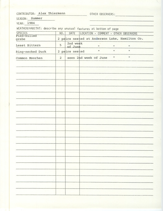 Field notes were contributed by Alex Thiermann, summer 1984. He sighted four species at Anderson (Goose) Lake in Hamilton County. Some were pairs that nested. This item was used as supporting documentation for the Iowa Ornithologists' Union Quarterly field report of summer 1984.