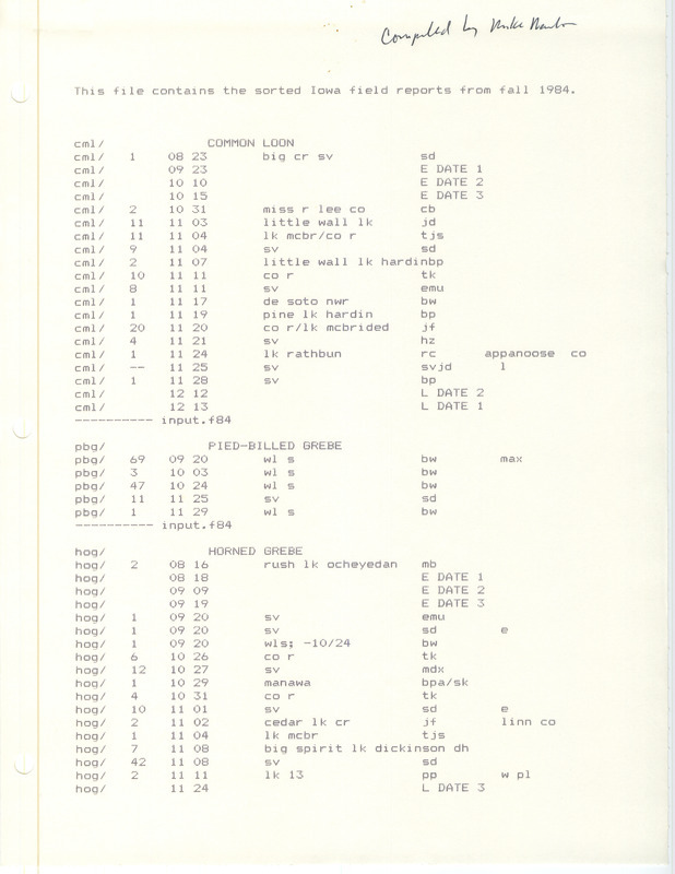 Iowa field reports data from fall 1984 compiled by Michael C. Newlon. Over 250 bird species are organized by name, and the list includes numbers counted, dates sighted, abbreviations for locations and observers, and which sighting dates are late or early. This item was used as supporting documentation for the Iowa Ornithologists' Union Quarterly field report of fall 1984.