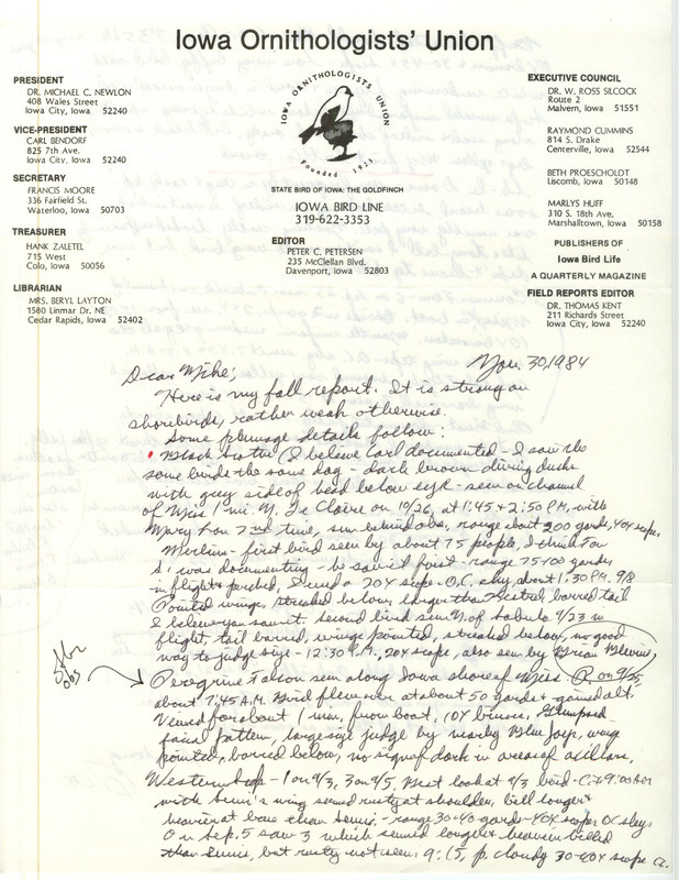 Peter C. Petersen letter to Michael C. Newlon regarding fall birds sighted, November 30, 1984. This item was used as supporting documentation for the Iowa Ornithologists' Union Quarterly field report of fall 1984.