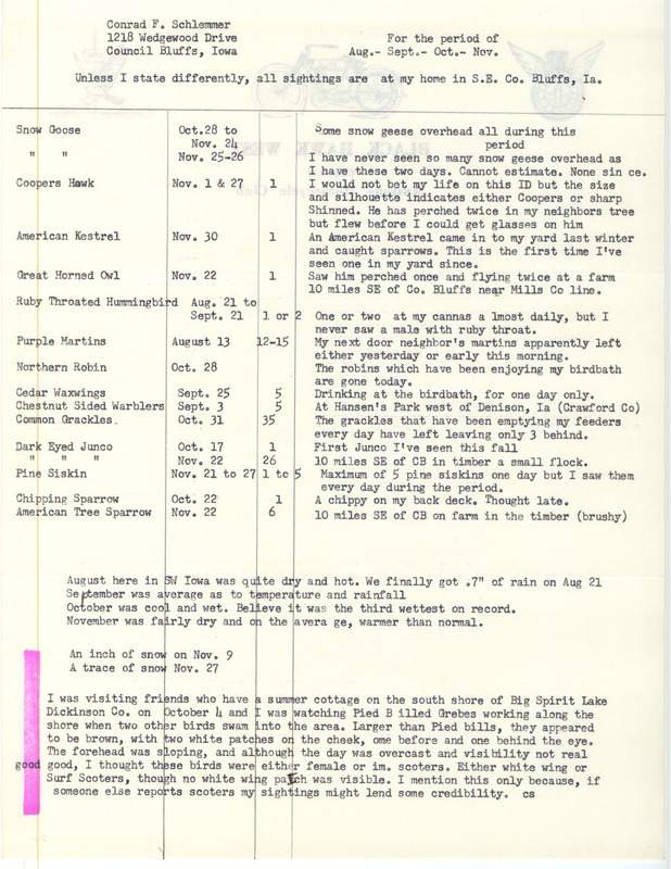 Field notes were contributed by Conrad F. Schlemmer, fall 1984, mostly about sightings at his home in southeast Council Bluffs, Iowa. This item was used as supporting documentation for the Iowa Ornithologists' Union Quarterly field report of fall 1984.