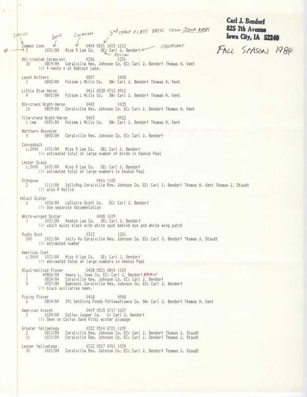 Field notes were contributed by Carl J. Bendorf, fall 1984. He sighted 40 species with three other observers. This item was used as supporting documentation for the Iowa Ornithologists' Union Quarterly field report of fall 1984.