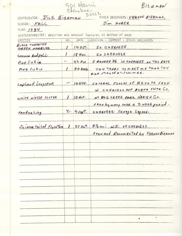 Field notes were contributed by Dick Bierman, Cherokee, Iowa, fall 1984. This item was used as supporting documentation for the Iowa Ornithologists' Union Quarterly field report of fall 1984.