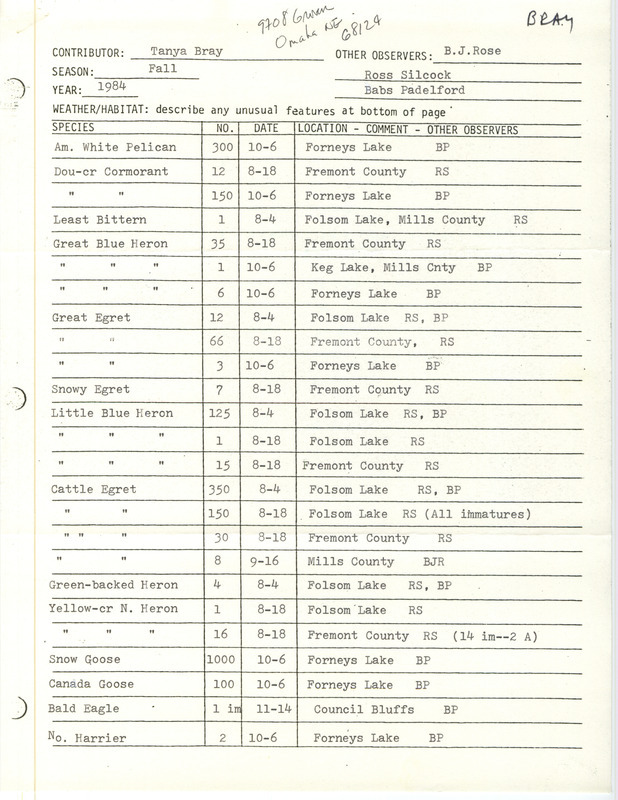 Field notes were contributed by Tanya Bray, fall 1984. This item was used as supporting documentation for the Iowa Ornithologists' Union Quarterly field report of fall 1984.