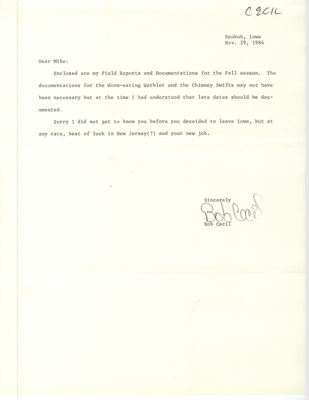 Field notes contributed by Robert I. Cecil, fall 1984 and cover letter to Michael C. Newlon regarding that two of the birds were documented due to their late dates, November 29, 1984. This item was used as supporting documentation for the Iowa Ornithologists' Union Quarterly field report of fall 1984.