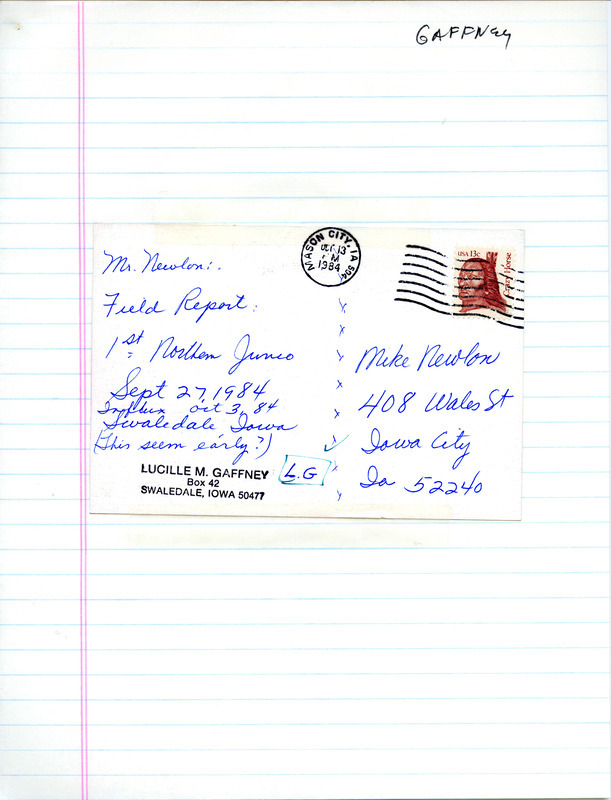 Lucille M. Gaffney postcard to Michael C. Newlon was regarding bird sightings in Swaledale, Iowa, October 13, 1984. The postcard was undated but postmarked October 13, 1984. This item was used as supporting documentation for the Iowa Ornithologists' Union Quarterly field report of fall 1984.