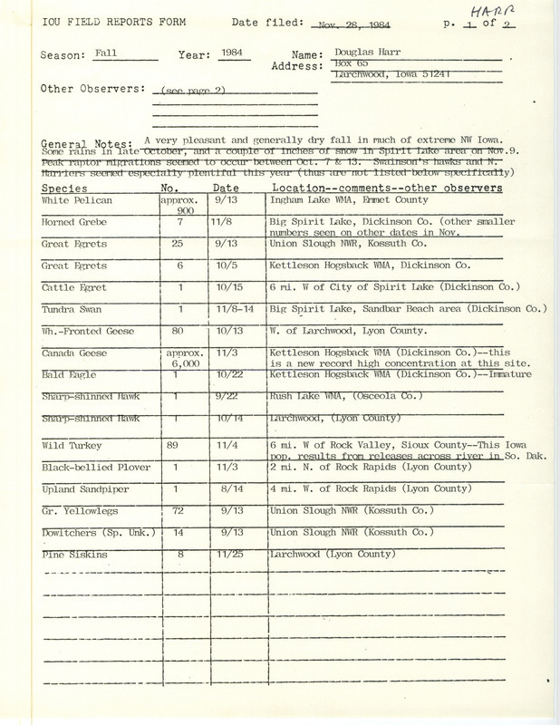 Field notes were contributed by Douglas C. Harr, November 28, 1984. This item was used as supporting documentation for the Iowa Ornithologists' Union Quarterly field report of fall 1984.