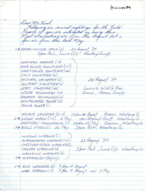 Jack A. Holloway III letter to Thomas H. Kent regarding bird sightings in May and August 1984. This item was used as supporting documentation for the Iowa Ornithologists' Union Quarterly field report of fall 1984.