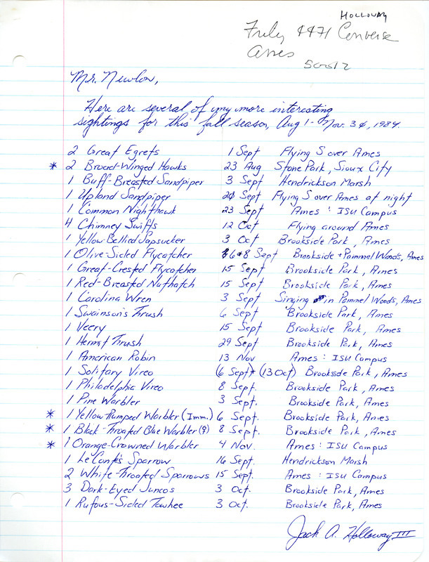 Jack A. Holloway III letter to Michael C. Newlon was regarding bird sightings, fall 1984. This item was used as supporting documentation for the Iowa Ornithologists' Union Quarterly field report of fall 1984.