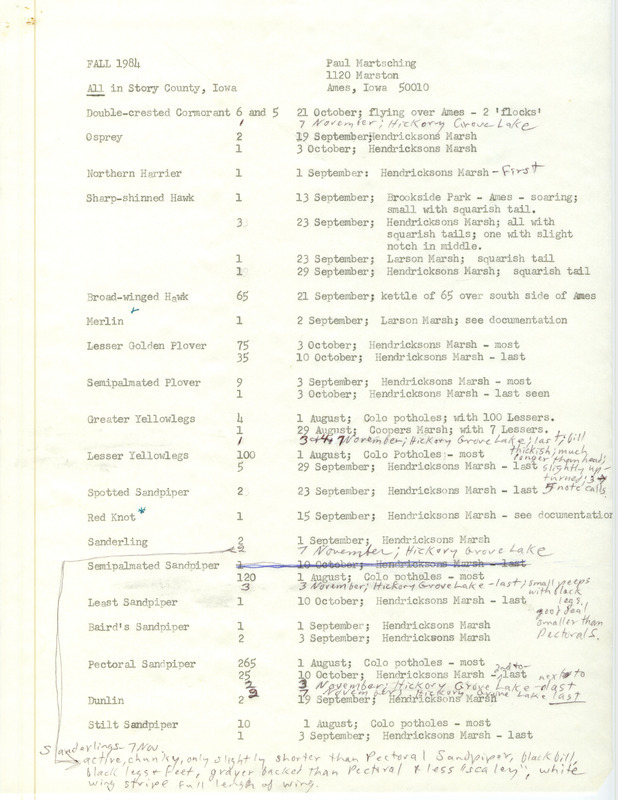 Field were notes contributed by Paul Martsching for Story County, fall 1984. This item was used as supporting documentation for the Iowa Ornithologists' Union Quarterly field report of fall 1984.