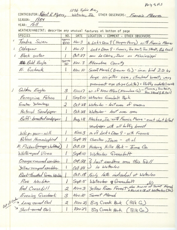 Field notes were contributed by Robert K. Myers, fall 1984. This item was used as supporting documentation for the Iowa Ornithologists' Union Quarterly field report of fall 1984.