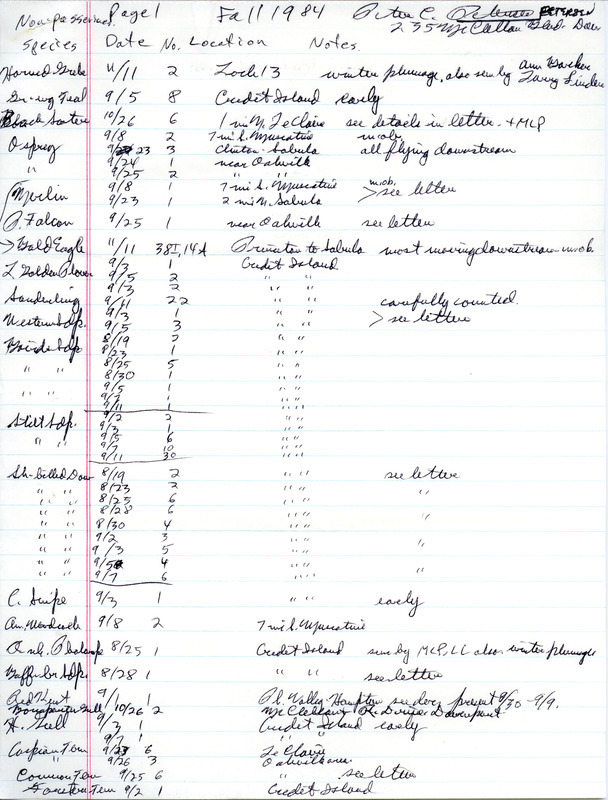 Field notes were contributed by Peter C. Petersen, fall 1984. He sighted 49 species, some documented in separate letters, and some with other observers. This item was used as supporting documentation for the Iowa Ornithologists' Union Quarterly field report of fall 1984.