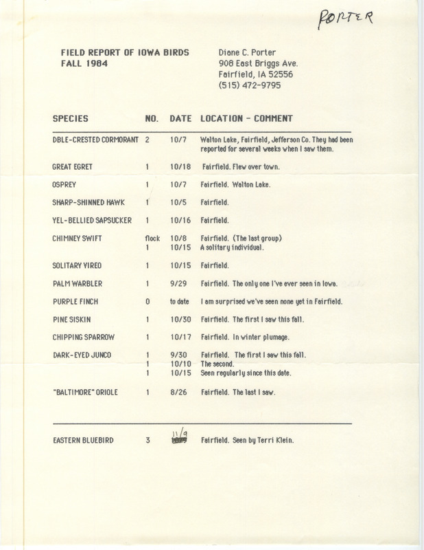 Field report of Iowa birds, fall 1984, was contributed by Diane C. Porter for the Fairfield area. This item was used as supporting documentation for the Iowa Ornithologists' Union Quarterly field report of fall 1984.