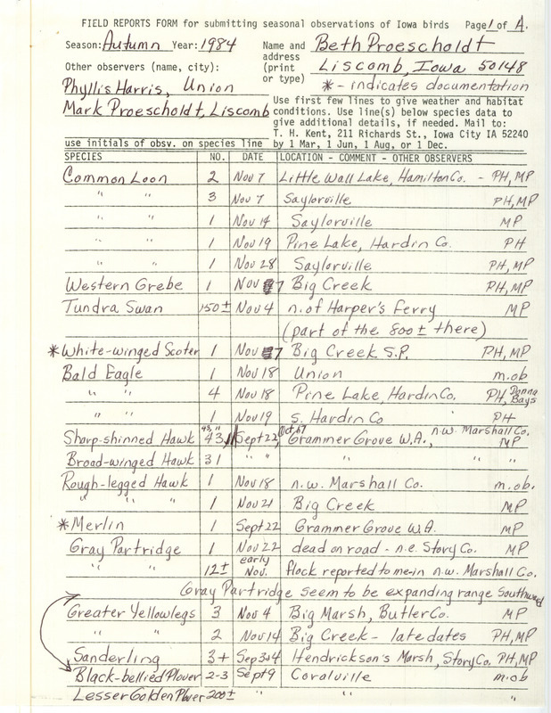 Separate field reports contributed by both Beth and Mark Proescholdt, Liscomb, Iowa, fall 1984.These items were used as supporting documentation for the Iowa Ornithologists' Union Quarterly field report of fall 1984.