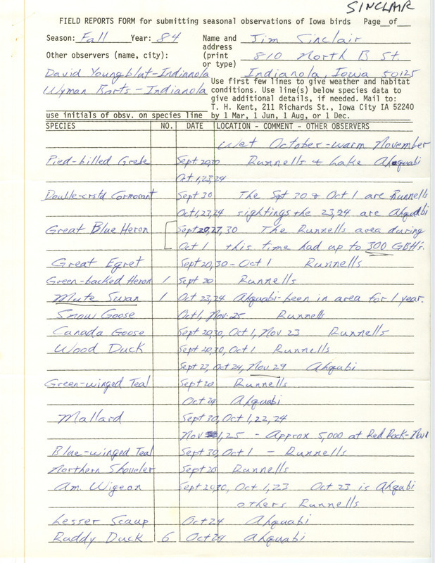 Field notes were contributed by Jim Sinclair, fall 1984. A Northern Goshawk sighting is noted. This item was used as supporting documentation for the Iowa Ornithologists' Union Quarterly field report of fall 1984.