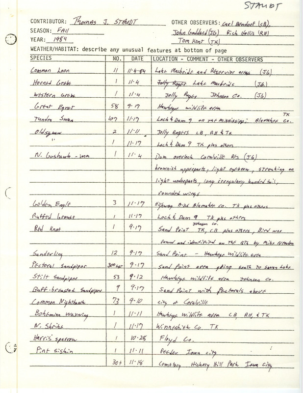 Field notes were contributed by Thomas J. Staudt, fall 1984. An immature Northern Goshawk is described in detail. This item was used as supporting documentation for the Iowa Ornithologists' Union Quarterly field report of fall 1984.